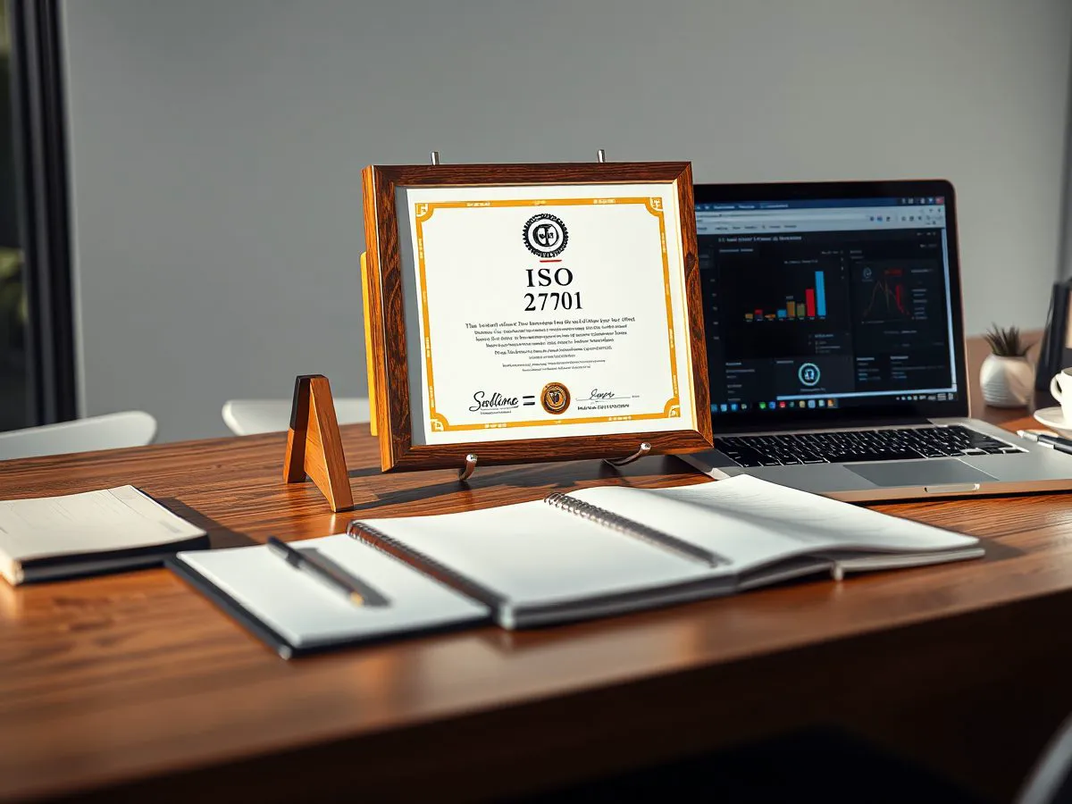 ISO 27001认证证书摆放在办公桌上，旁边是笔记本电脑和安全仪表盘界面